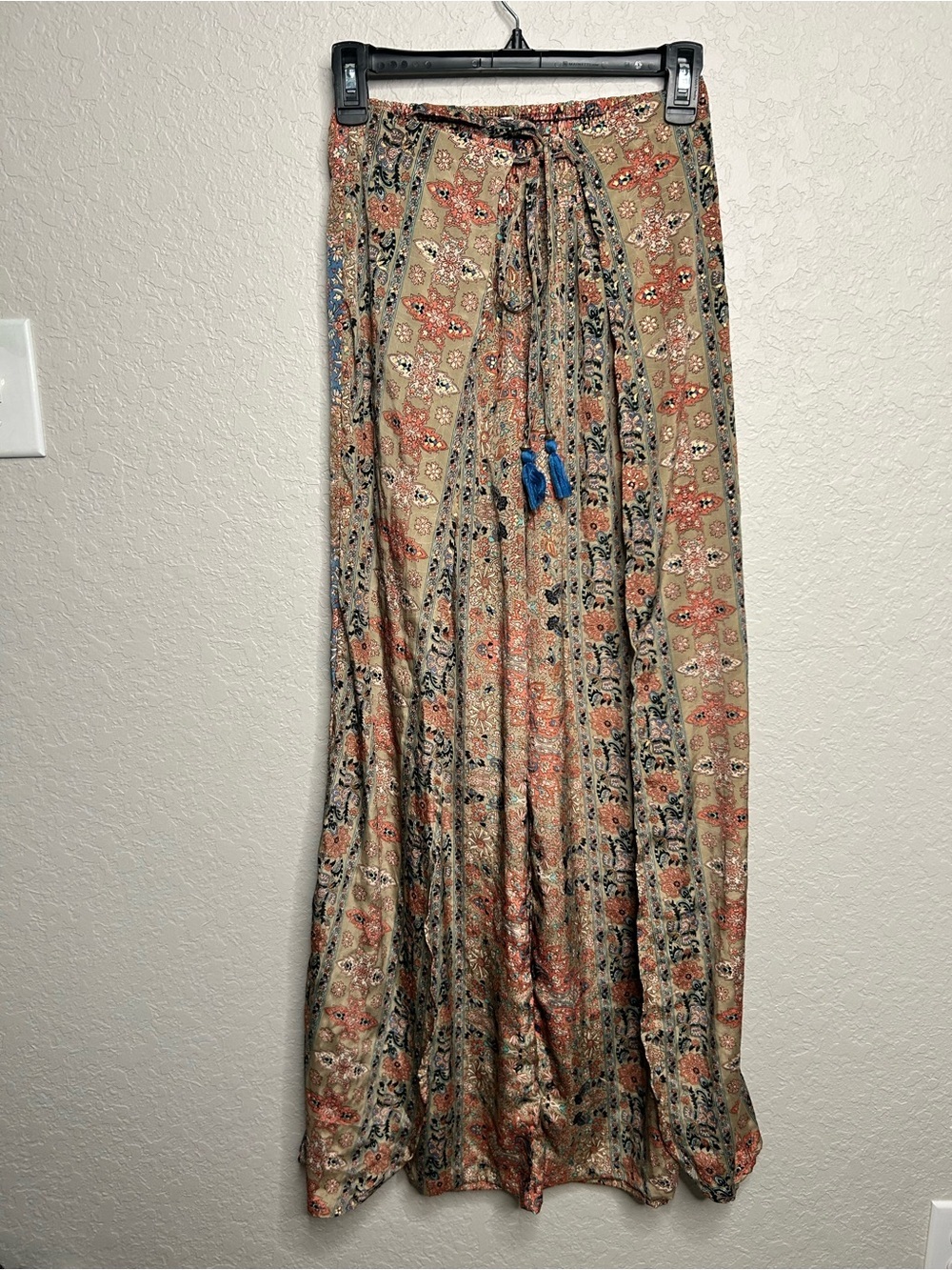 Paani Boho Paisley Metallic Wide Leg Palazzo Pants Tassel Tie Waist Size S - Picture 2 of 10